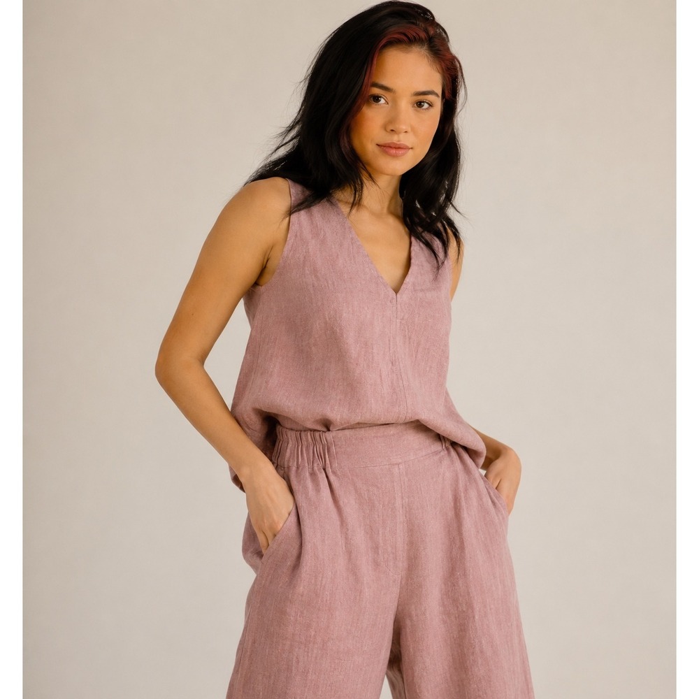 Pamut Women M Dusty Rose Pink 100% Linen V-Neck Tank Top Sleeveless Handmade USA